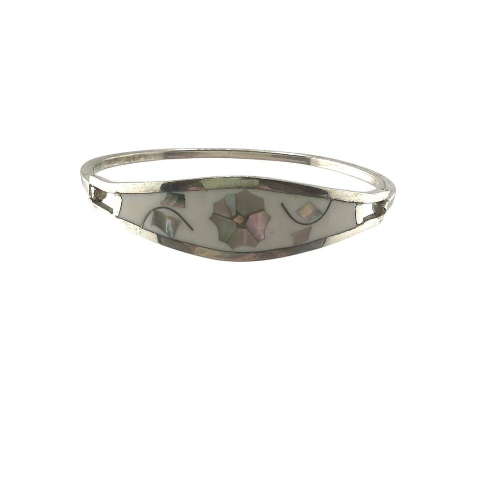 Vintage Mexican Alpaca White Abalone Floral Hinged Bangle